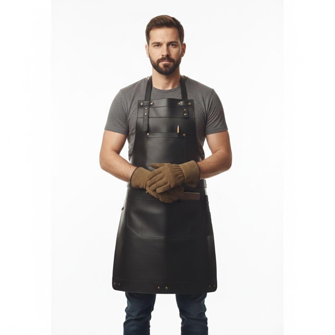 Tablier en cuir pleine fleur pour boucher, cuisiner, barbecue, cuisine, grill, forgeron, Noir , taille unique