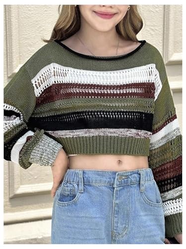 Girl's Striped Hollow Out Cropped Sweater Boat Neck Long Sleeve Crochet Crop Top Drop Shoulder Pullover Tops3