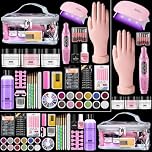 Acrylic Nail Kit for Beginners with Everything: Nail Acrylic Powder and Liquid Set with Practice Hand Drill UV lamp - Nail Art Starter Extension Kits in Pink Bag for Home Salon DIY (Silver Bag)