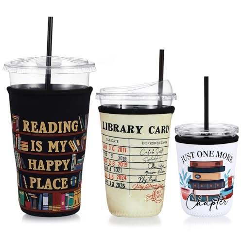 Image of LemonRoad 3 Pack Christmas Book Lovers Party Favors Reusable Book Lovers Beer Can Cooler Sleeves for Coffee Cup Neoprene Coffee Sleeve Insulated Neoprene Cup Holder for Cold Beverages Iced Hot Drinks