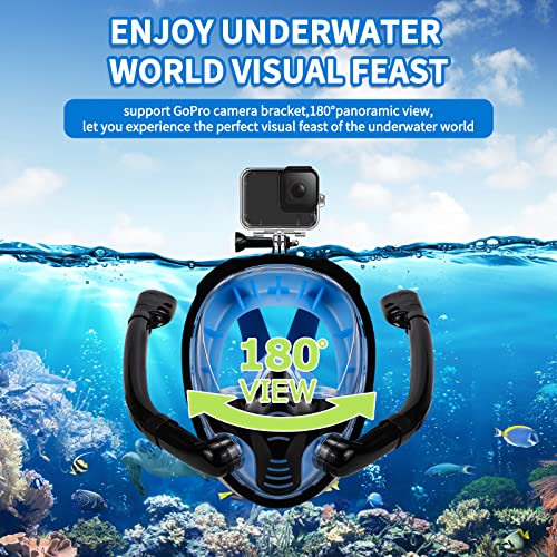 Full Face Snorkel Mask, Snorkeling Mask 180 Degree View Snorkeling Gear With 2 Breathing Tubes Detachable Camera Mount Panoramic Dive Mask Safety Breathing System Anti-Fog Leak Snorkel For Adult #TOP4
