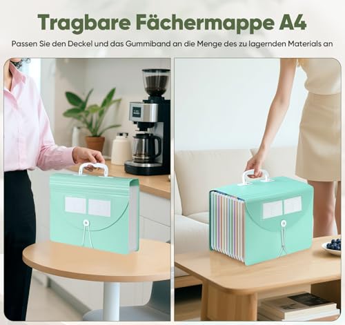 Dokumentenmappe A4 mit 12 Fächer, ElitVita Weizenstroh Fächermappe mit Griff, Aufrecht Document Organizer BPA-frei Aktenmappe Akkordeon mit fächern, Mintgrün Ordner Sortiermappe