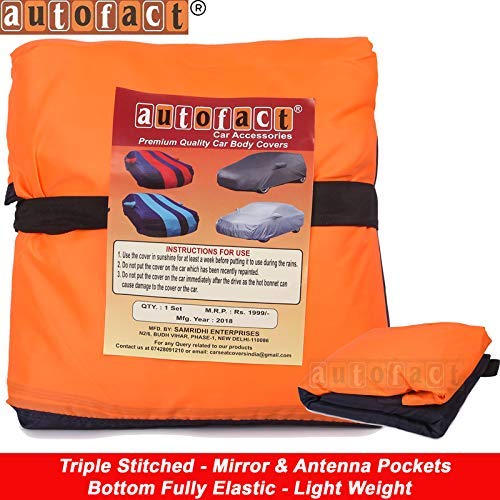 Image of Autofact Car Body Cover for New Hyundai Elite I20 2021 Onwards (Mirror Pocket, Premium Fabric, Triple Stiched, Fully Elastic, Orange /Blue Color)