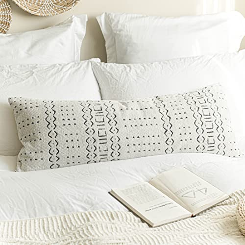 Blissblush Off White Black Boho Long Lumbar Pillow Cover 14X36, Soft Chenille Pattern Decorative Throw Lumbar Pillow Cover 14X36 Inch, Bohemian Textured Bed Lumbar Pillow, Cover Only #TOP17
