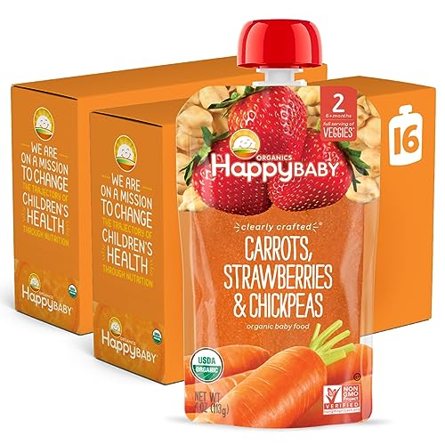 Happy Baby Organics Stage 2 Baby Food Pouches, Gluten Free, Vegan & Healthy Snack, Clearly Crafted Fruit & Veggie Puree, Carrots, Strawberries & Chickpeas, 4 Ounces (Pack Of 16) #TOP25