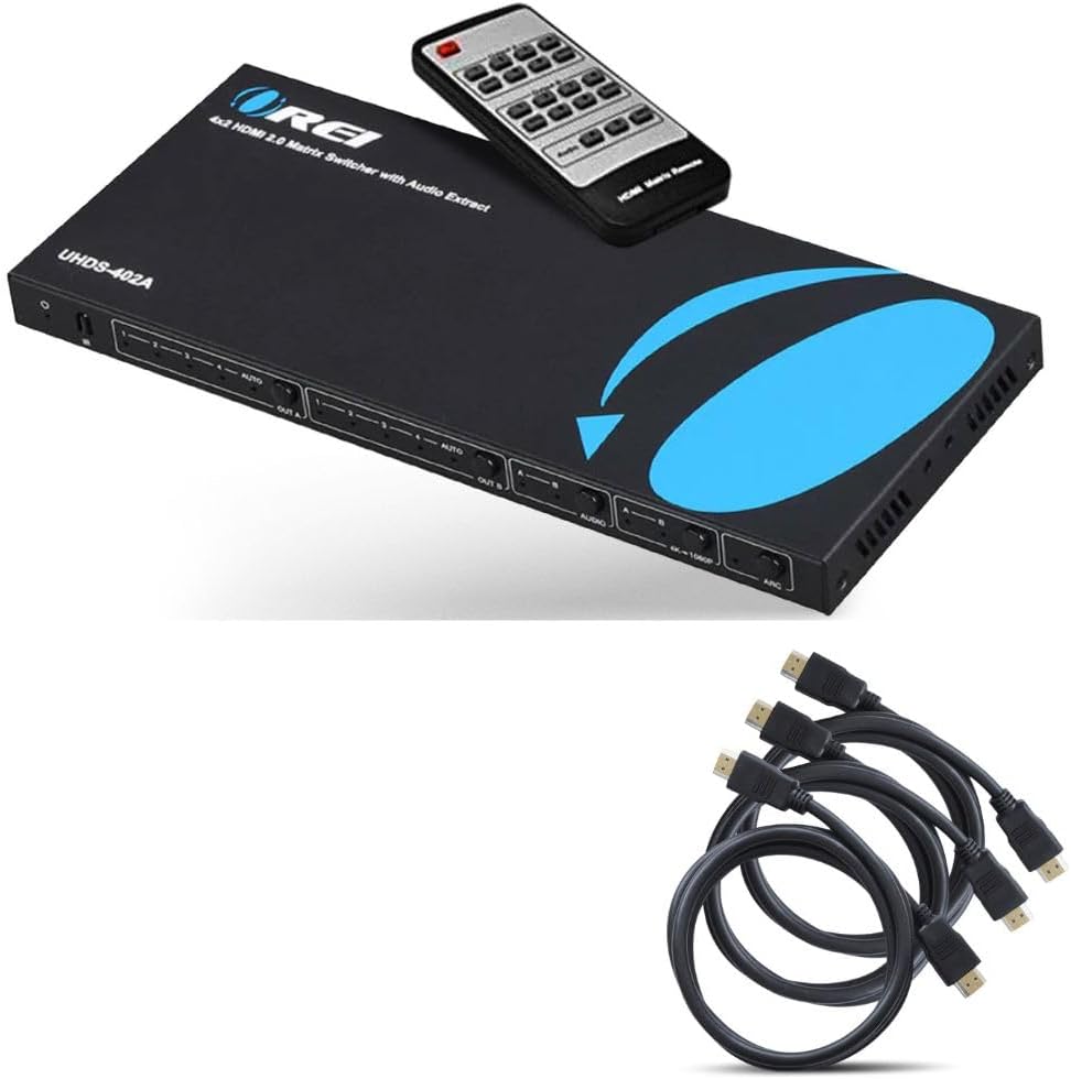 OREI 4K HDMI Matrix Switch 4 X 2 Bundle with 6-Feet HDMI Cable 4K with Ethernet | IR Audio Extractor Arc EDID HDCP 2.- Remote Control