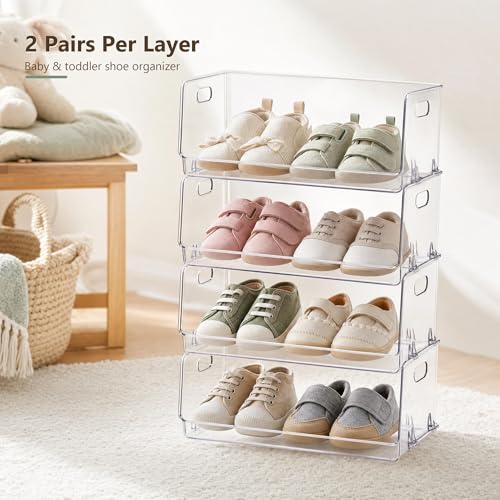 Adando Toddler Baby Shoe Organizer: Clear Acrylic Kids Shoe Rack for Closet Nursery Bedroom Floor - 4 Tier Stackable Open Front Small Shoe Storage for Baby Toddler Shoe Size 0-10 by Adando - Used condition - Image 3
