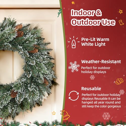 60cm/24 Inch Pre-Lit Christmas Wreath with 50 Warm White LED Lights — photo 3