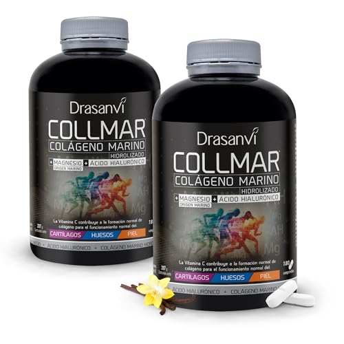 Drasanvi COLLMAR Colágeno Marino Hidrolizado con Ácido Hialurónico, Magnesio, Vitamina C | Pack 2 para cartílagos, huesos y piel | Alta dosis 3.900 mg/día | 2 x 180 comp = 60 días | Sabor vainilla