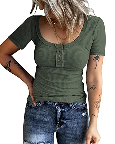 KINLONSAIR Womens Short Sleeve Tunics Tops Button Down Scoop Neck Ribbed Henley Shirts Summer Casual Solid T-Shirts Army Green