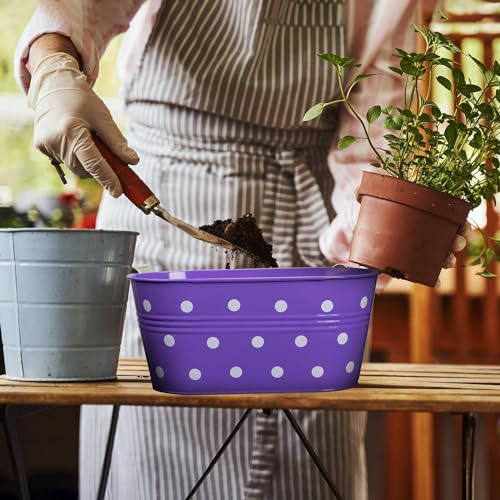 Image of 12 INCH Anti Rust Railing Oval Planter for Balcony & Garden with Detachable Handle | Hanging Flowerpot Holder | Metal Wall Planter for Indoor and Outdoor Decor (Multicolour Polka Dot, 2)