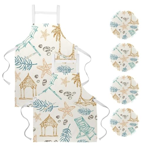 Lot de 2 tabliers de cuisine avec 4 broches motif chaise de plage et parasol