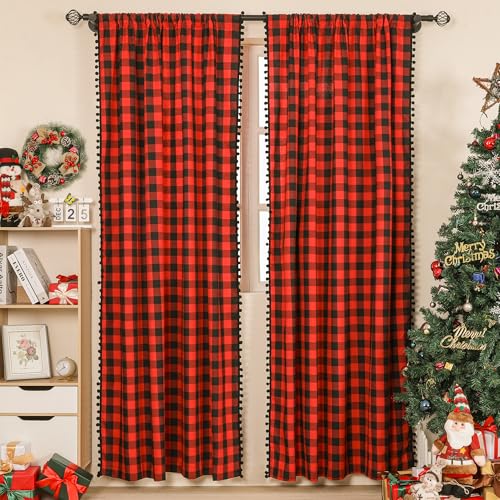 RLoncomix 2 cortinas de cuadros escoceses con pompones negros de 72 pulgadas, paneles semiopacos vintage con bolsillo para barra, cortina de ventana para dormitorio, cocina, sala de estar, rojo/negro