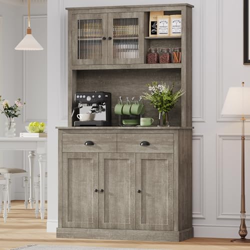 GarveeHome Pantry Cabinet with Drawers and Adjustable Shelves, 71”Tall Freestanding Kitchen Cabinet with Microwave Stand, Kitchen Hutch for Dining Room, Rustic Grey