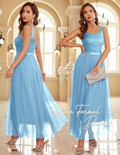 Image of BeryLove Sequin Dress for Woman Vintage A Line Wedding Formal Swing Mesh Dress Sleeveless Cocktail Maxi Gowns