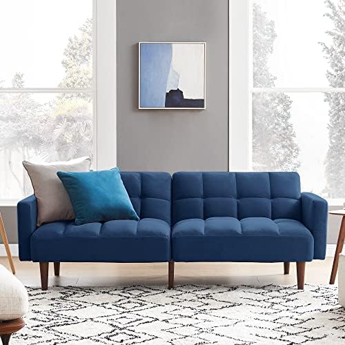 mopio Aaron Couch, Futon Sofa Bed, Sleeper Sofa, Loveseat, Couches for Living Room, Bedroom with Arms Split Back Design 77.5" (Classic Blue Velvet)