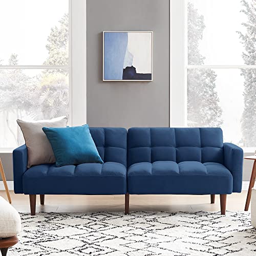 Mopio Aaron Couch, Futon Sofa Bed, Sleeper Sofa, Loveseat, Couches For Living Room, Bedroom With Arms Split Back Design 77.5" (Classic Blue Velvet) #TOP19