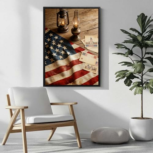 Image of American Flag Framed Canvas Wall Art, 4th of July Red White Blue Canvas Prints, USA Flag with Picture Patriotic Decorations, Modern Independence Day Wall Decor for Bedroom Living Room Office 8x10