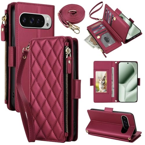 Étui cuir Google Pixel 9 5G style grille avec sangle pour sorties et voyages