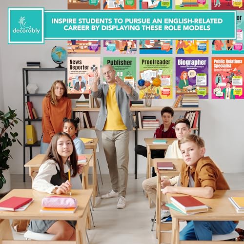 Decorably 15 pôsteres ingleses para sala de aula, 28 x 35,5 cm foscos laminados de carreira educacio