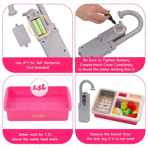 Küchenspüle Spielzeug Set mit Wasserkreislauf, Spielspüle Kinder mit Fließendem Wasser, Matschküche Kinderküche Zubehör, Obst und Gemüse Spielzeug, Rollenspiel für Jungen und Mädchen ab 3 Jahre (Rosa)