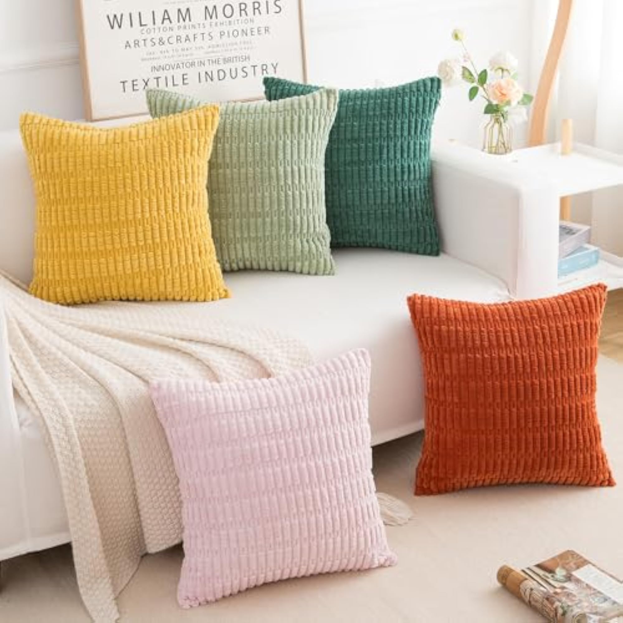 Corduroy Decorative Throw Pillow Covers, Boho Stripe Soft Square Cushion Case