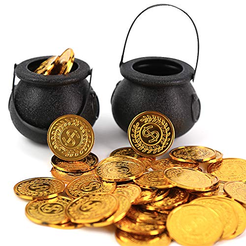 FUTUREPLUSX Mini Black Candy Cauldron Kettles, 2PCS Plastic Candy Kettles Party Decoration Supplies for Halloween with 50 Plastic Gold Coins