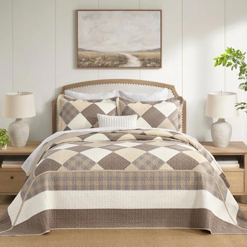 Image of 100% Cotton Oversized King Bedspread 120x120, Brown Cream Plaid | Extra-Wide Coverage, Reversible 3-Piece Bedding Set, Fits Thick Mattresses, Lightweight All-Season Comfort, Modern Farmhouse
