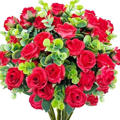 Carfoeny 4 Bunches 40 Heads Rose Artificial Flowers Red Silk Fake Roses with Plastic Eucalyptus Leaves Faux Floral Bouquets Arrangement for Outdoors Home Indoor Table Cemetery Decoration Cover