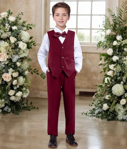 Fersumm Toddler Suit Boys Slim Fit Suits Kids Dress Vest Sets Youth Tuxedo with Pants Shirt and Tie Burgundy Size 3T — view 3