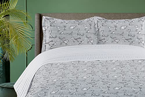 Ambesonne Grey Microfiber Bedspread Set, Cats Posing Over Floral Background Feline Kitten Kitty Cartoon Art Prints, Soft Bedding Set With Pillow Shams & Comforter, Queen Size, White #TOP5