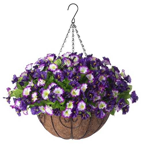 Ammyoo Artificial Hanging Flowers 12 inch Basket, Faux Silk Petunias Flower Arrangement,Coconut Lining Pot Planter with Morning Glories Patio Garden Porch Deck Spring Summer Decor(Purple Edge)