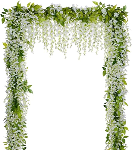 KHOYIME - KHOYIME Wisteria Artificial Flowers Garland, 4Pcs 6.8Ft/Piece Artificial Wisteria Vine Silk Hanging Flower for Home Garden Outdoor Ceremony Wedding Arch Floral Decor (White) - -7%