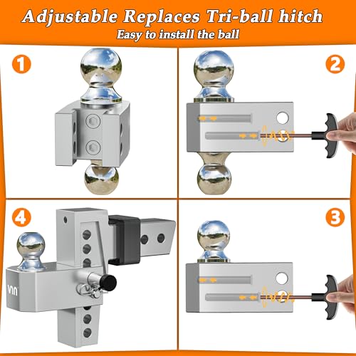 VNN Adjustable Trailer Hitch - 6 Inch Drop Hitch 2.5 Inch Receiver Interchangeable 3 Solid Ball Mount 1-7/8\", 2\", 2-5/16\"(18,500 LBS GTW), Heavy Duty Aluminum with Pads and Locking Sets, Silver - Thumbnail 5