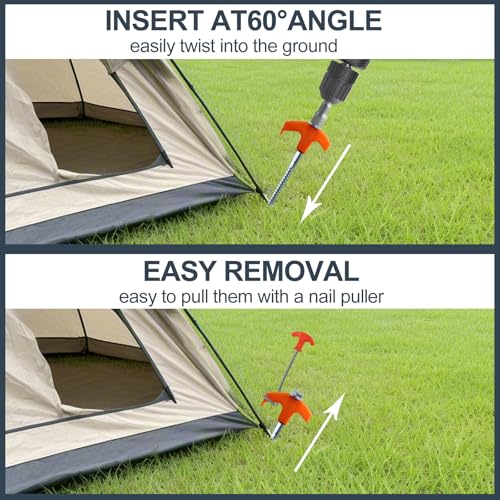 20 Pack Screw in Tent Stakes Heavy Duty, 8 Inch Ground Anchors, Metal Stakes,Camping Tent Accessories with Hex Head Driver and Sturdy Storage Bag (Orange) — view 3
