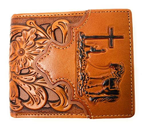 Western Men's Genuine Leather Floral Tooled Laser Cut Praying Cowboy Wallet in 9 colors (Brown)