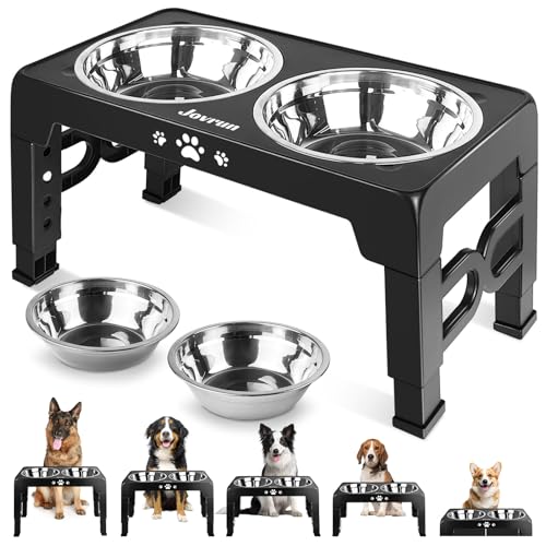 Jovrun Elevated Dog Bowls for Medium Large Size Dogs, Non-Slip Dog Feeder with 2 Stainless Steel Dishes, 5 Heights Adjustable Raised Bowls to 3.15 -8.66 -9.84 -11.02 -12.2