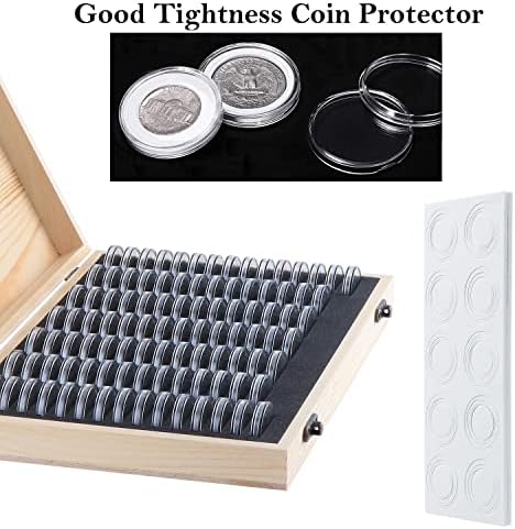 Kyrio 100PCS Coin Holder Case Wooden Coin Storage Box with Round Coin Capsules Plastic Coin Organizer Coin Protection Box for Coin Collectors 18mm/21mm/25mm/27mm/30mm