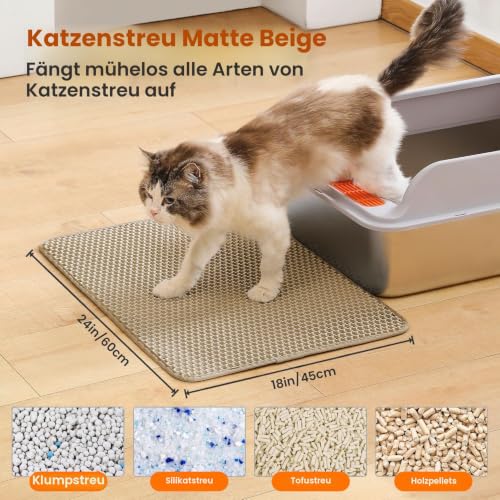 Petinstinct Katzenklo Matte, 60x45cm Große Katzenstreu Matte, Doppelschichtiger Entwurf der Bienenwabe Matte, Wasserdicht und Langlebig, Katzentoilette Unterleger, Beige