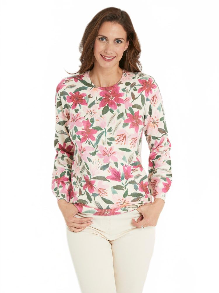 Afibel - Pull Doux Imprimé Fleurs Col Rond Femme Rose Acrylique - Taille : 46/48