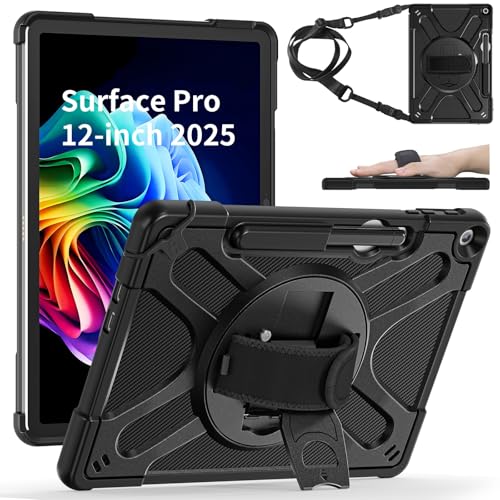 ZenRich Surface Pro 12 ケース 第12世代 2025専用, キーボード対応 & ペン収納付き 耐衝撃保護カバー, 360°回転スタンド & ハンドストラップ, 軽量で持ち運び便利 在宅勤務・会議・プレゼン用 12インチ