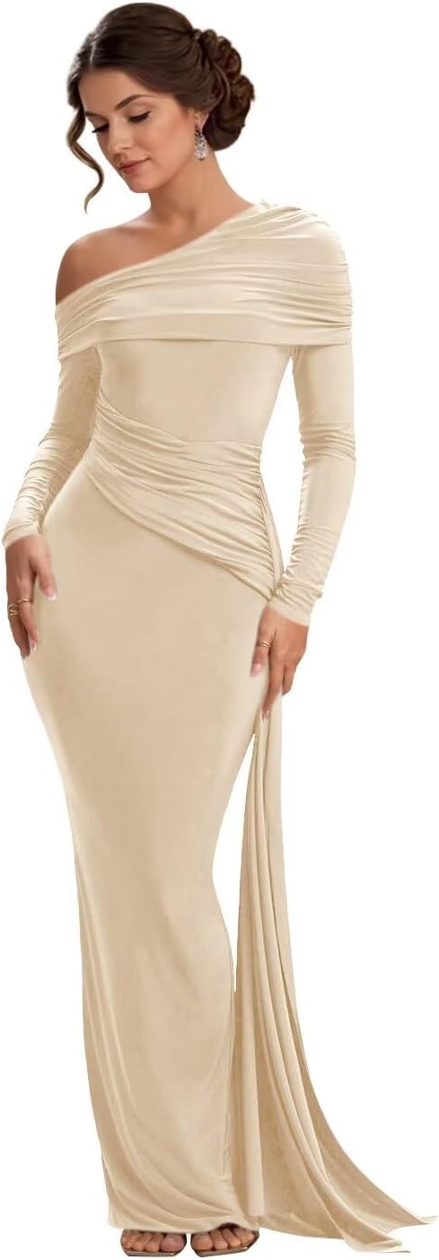 Jamille Women's One Shoulder Formal Dress Satin Mermaid Prom Dresses Long Sleeve Ruched Evening Gown with Cape JA0224