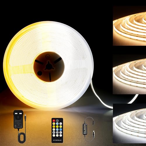 BERIXDEEP CCT COB LED Strip, Tunable White LED Strip Light with Adaptor and Remote, CRI 90+, 608LEDs/M, DC24V, Dimmable 2700K, 4000K to 6500K Dual White for Room Decoration, 3m