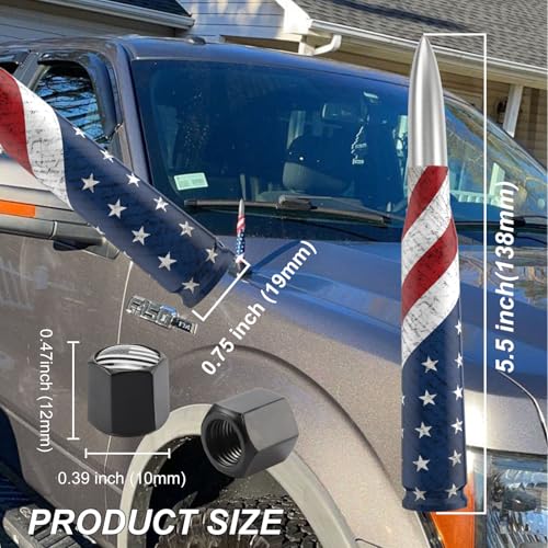 Image of Car Truck Bullet Antenna Replacement Mast with Valve Stem Caps American Flag Style for GMC Sierra Chevy Silverado Dodge Ram 1500 2500 3500 Ford F150 F250 F350 Super Duty Raptor Accessories, Silver