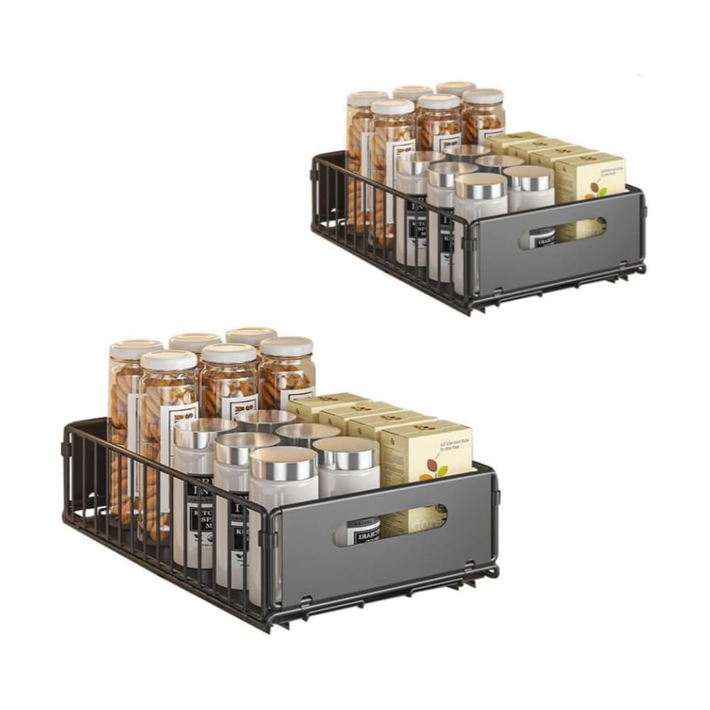 Set 2 cestelli estraibili per pensili cucina - Mensole scorrevoli salvaspazio in acciaio al carbonio - Installazione senza fori - Per sottolavello e dispensa - Nero, piccolo, 2 pezzi (black