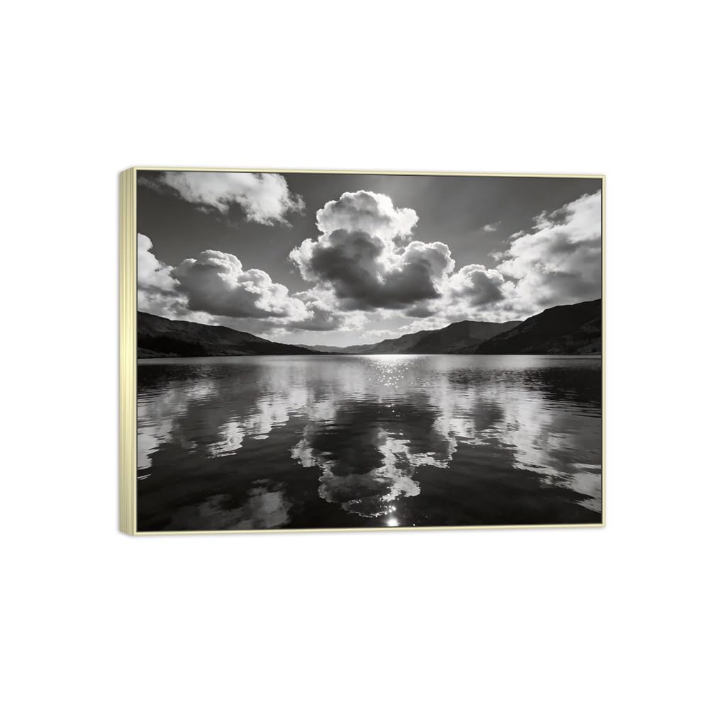 Lake Clouds Black White Landscape Canvas Picture 50x65cm Silver Frame