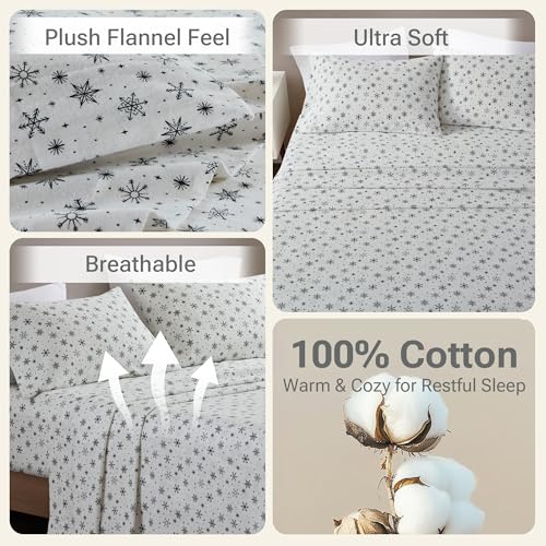 Image of Sleep Philosophy True North Flannel Sheets Queen Size, Cozy 100% Cotton Flannel Bed Sheets, Ultra Soft Cute Sheet Set, Novelty Print Themed Cold Weather Warm Bedding Set, Black Snowflakes, 4 Piece