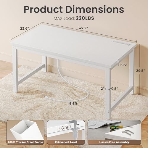 Image of Huuger 48 x 24 inch Desk with Power Outlets & USB-C, Deeper & Thicker Desktop, Robust Metal Tubes, Computer Desk, Heavy Duty Office Desk, Work Gaming Desk for Home Office, White