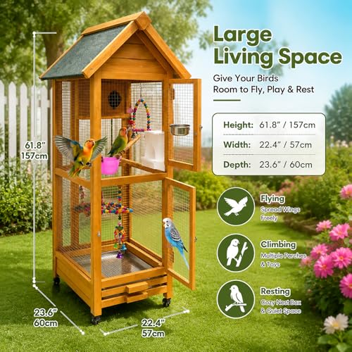 Großer Vogelkäfig für Außen aus Holz, Geräumige Voliere mit Windschutzdach und Feststellbaren Rollen, Ideal für Wellensittiche, Nymphensittiche und Finken Yellow L-3