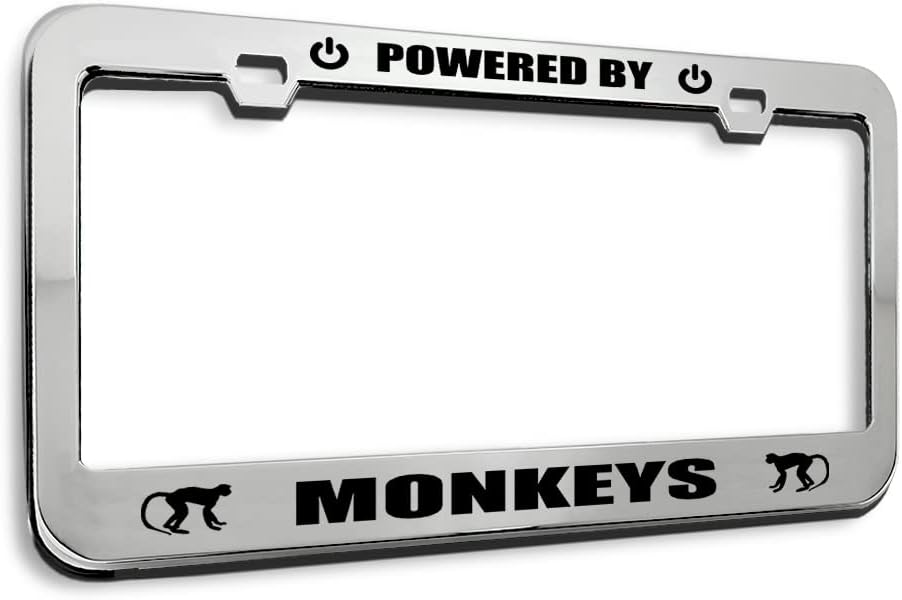 Speedy Pros Metal License Plate Frame Powered by Monkeys Chrome Tag Border Car Accessories Stainless Steel 2 Holes 1 Frame